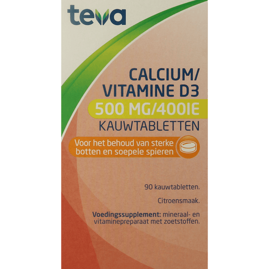 Teva Calcium and Vitamin D chewable tablets, mineral supplement, 90 count, with calcium 500mg and vitamin D 400IU.