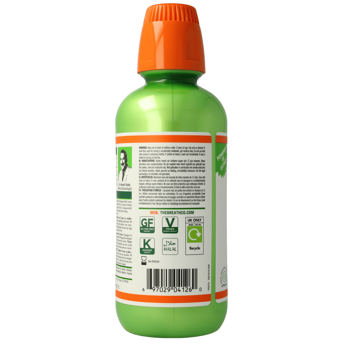 The Breath Co Mild Mint mouthwash in a 500ml bottle, featuring a clear label with the brand logo and mint flavor text.