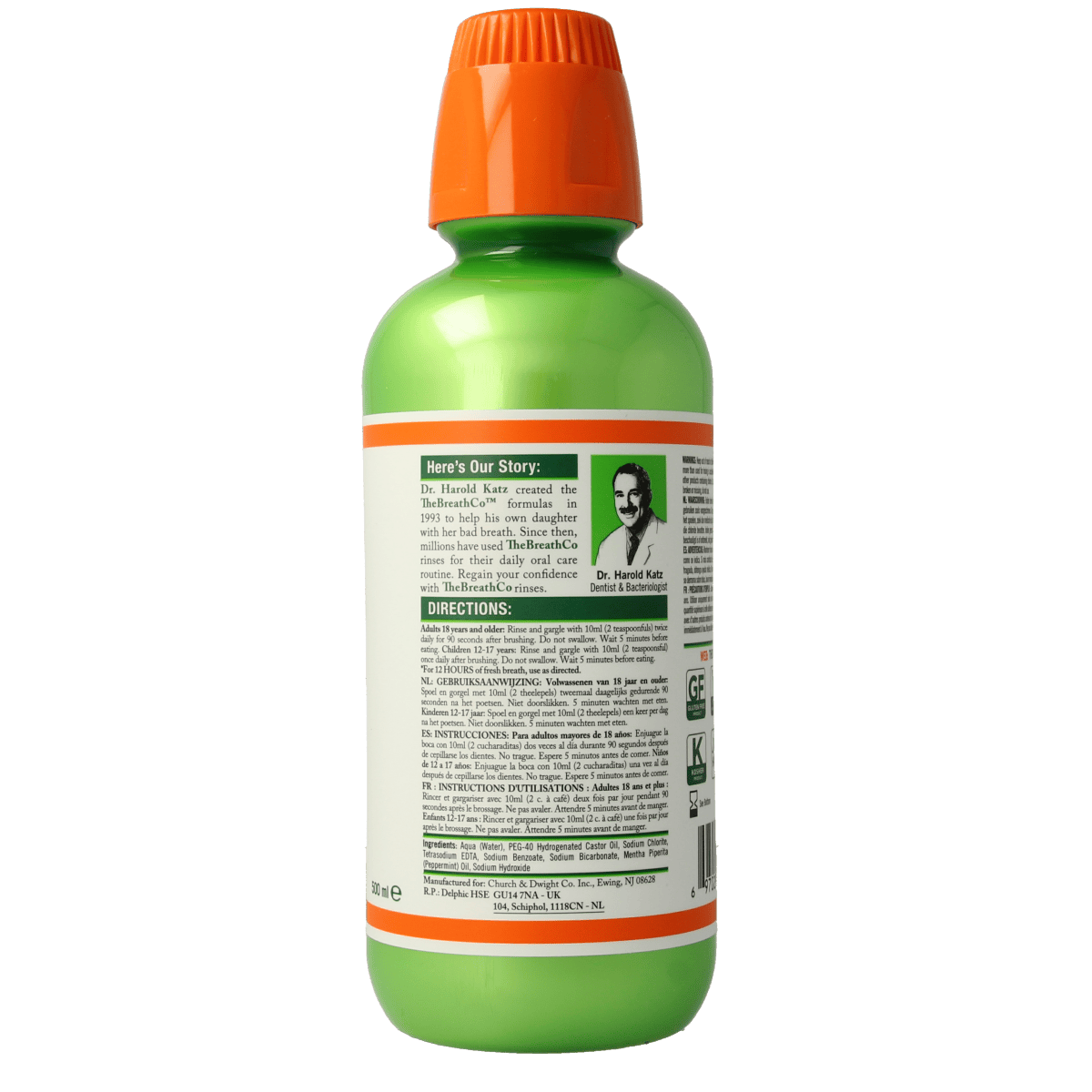 The Breath Co Mild Mint mouthwash bottle, 500ml, showing the branding and label with mint flavor for fresh breath.