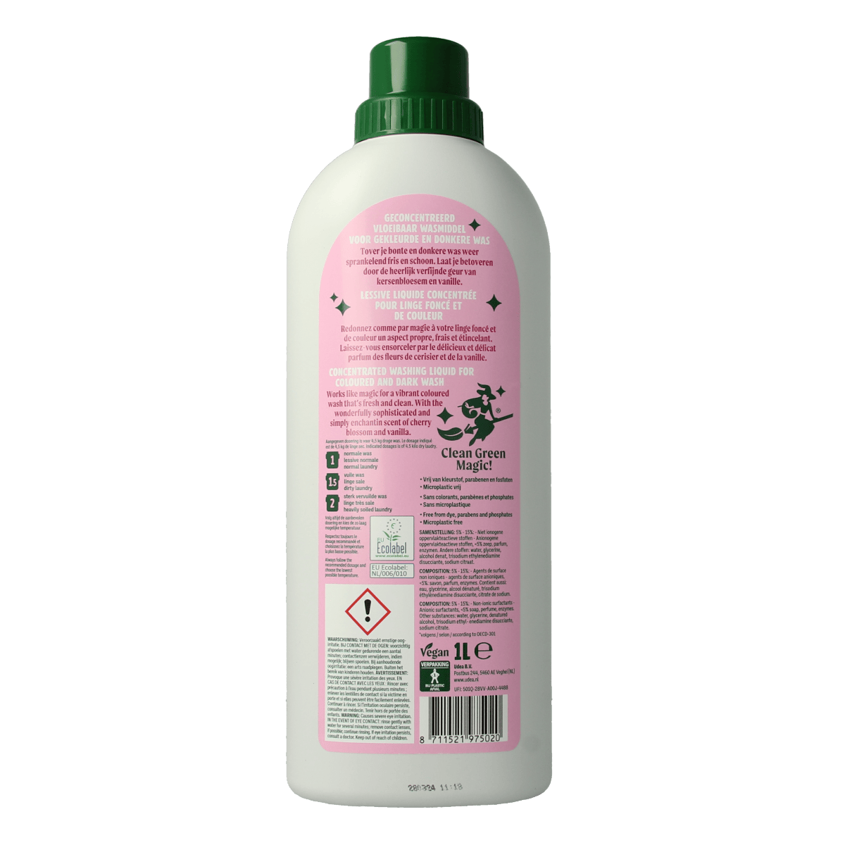 The Good Witch laundry detergent bottle in black, 1000ml, with label showing product details for color and black clothing.