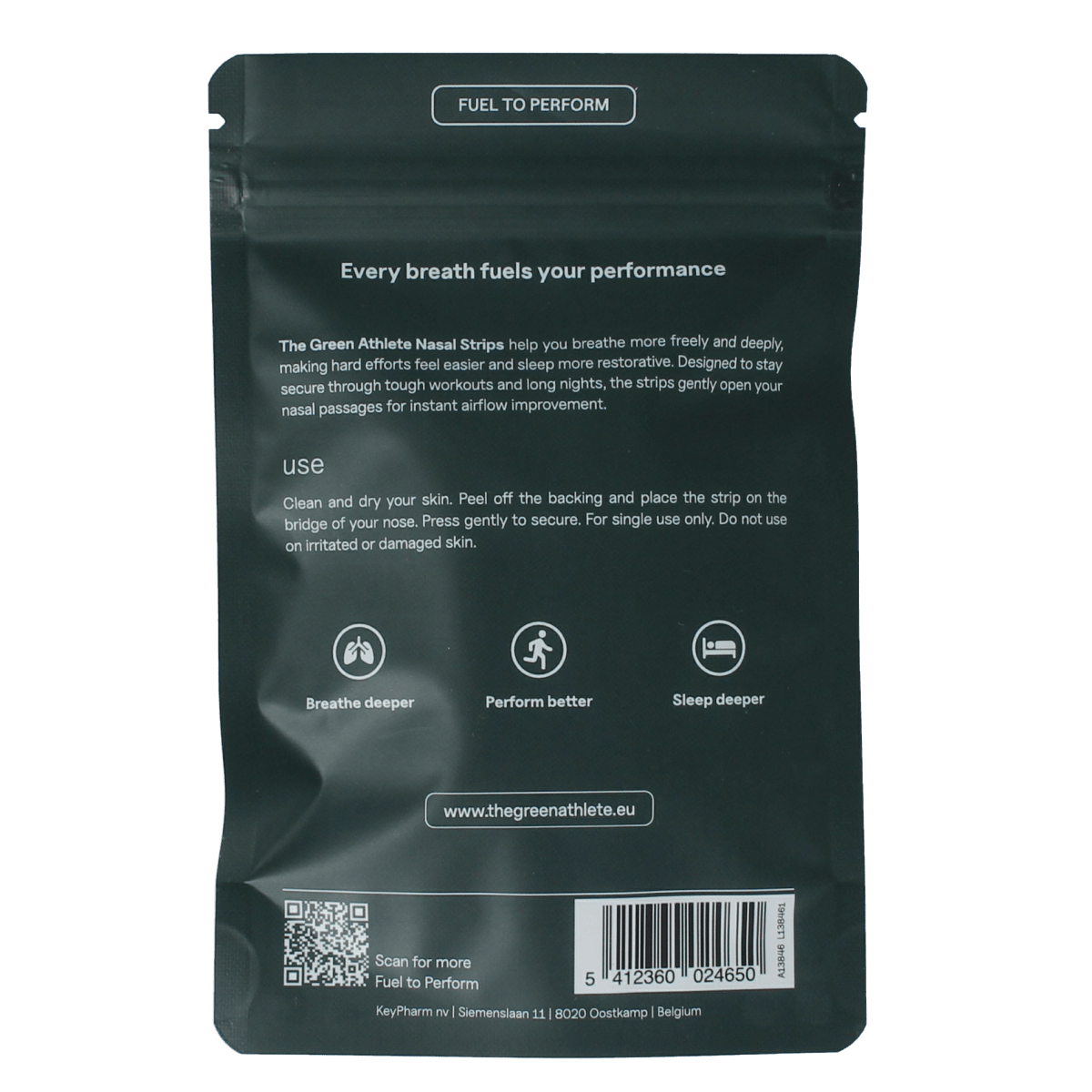 The Green Athlete TGA nasal strips for nose care and inhalation, 30-pack, showing transparent nasal strips on a white background.