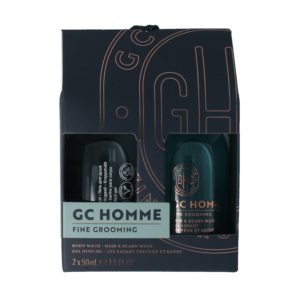 The Luxury Bathing Co Body Duo mini set featuring men's body wash, hair wash, and beard wash in a compact bottle set.