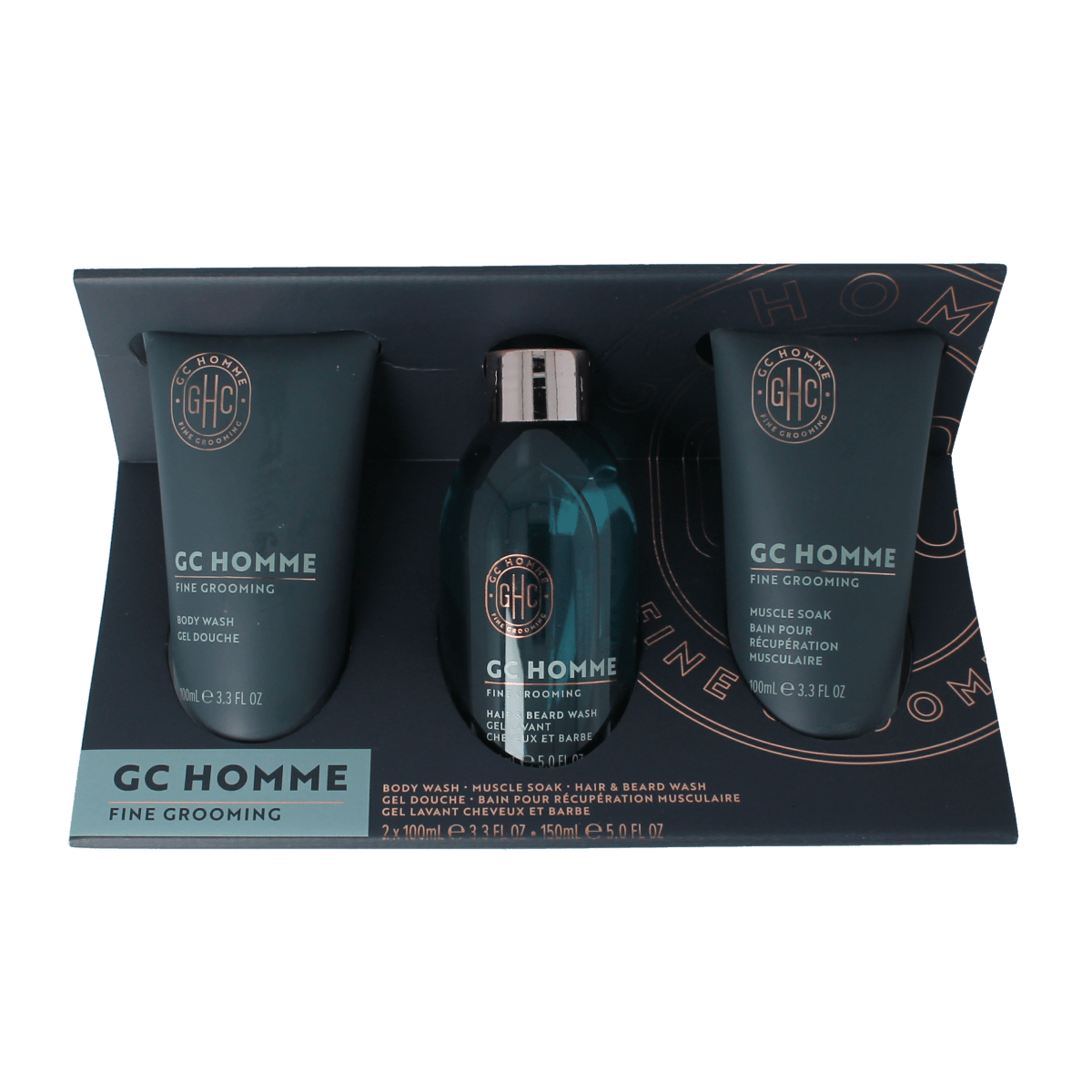 The Luxury Bathing Co daily essentials body cream, polisher, and toilettas set, featuring a luxurious bath and shower product display.