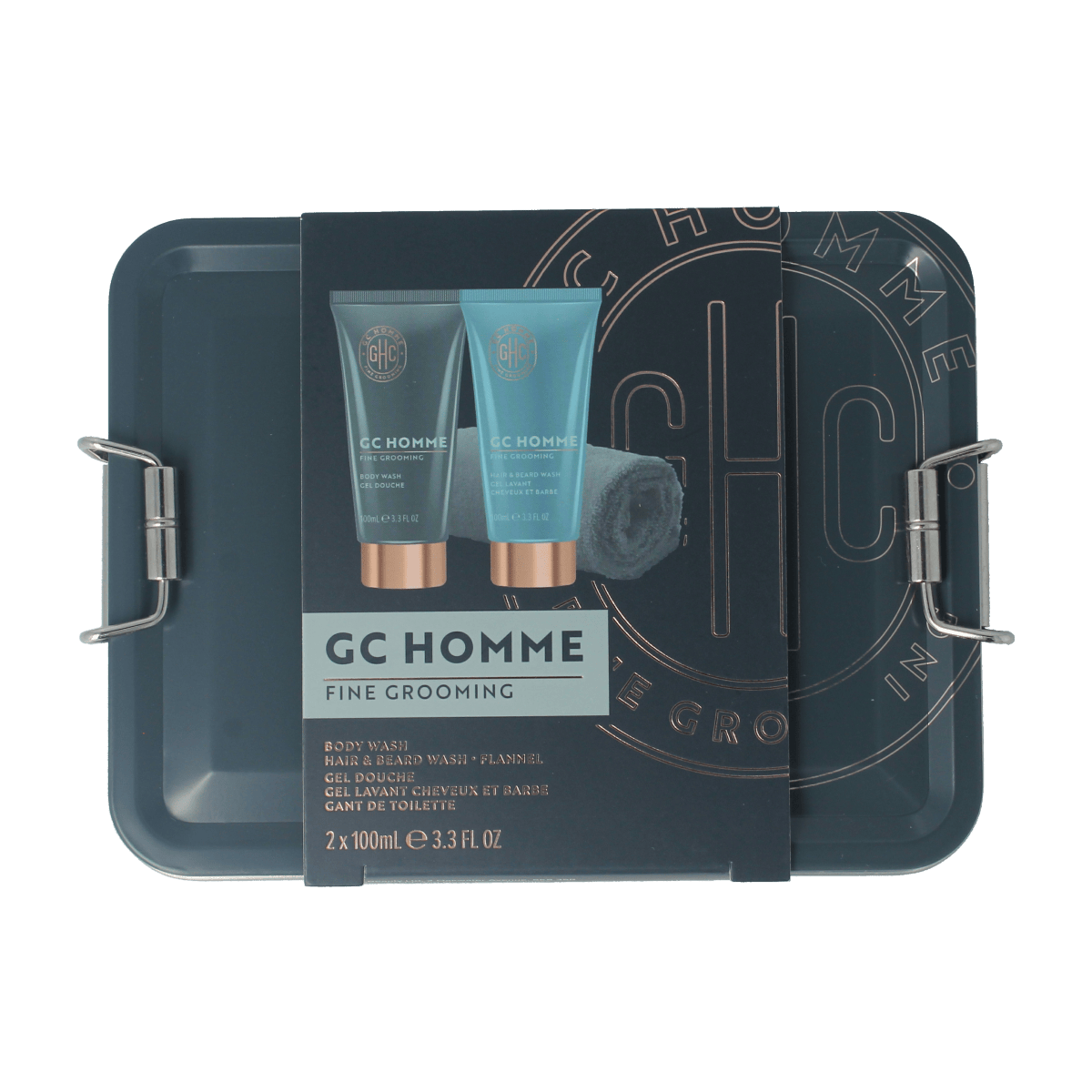 The Luxury Bathing Co Groom & Go body, hair, and beard wash set with wash basin, featuring grooming products and a washcloth.