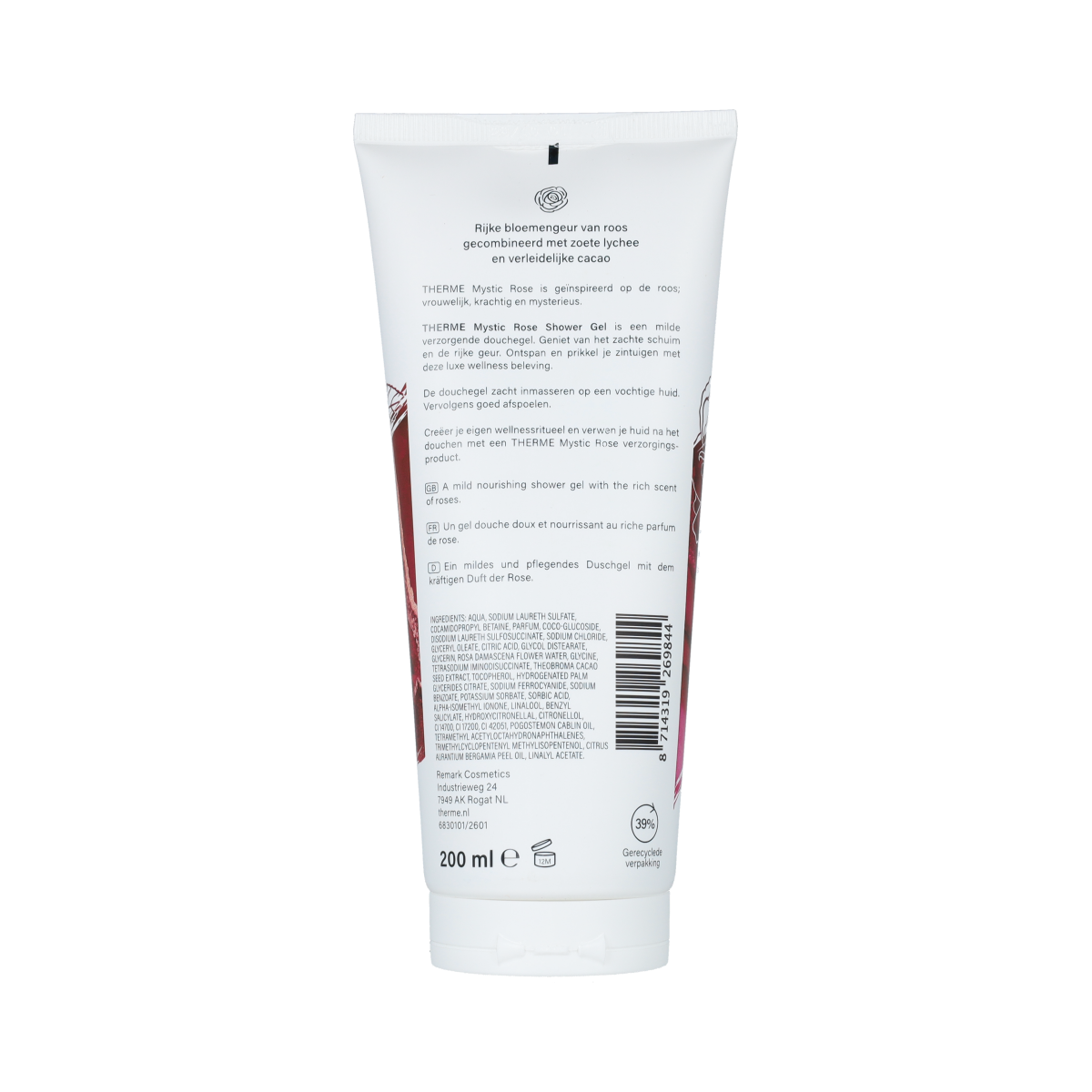 Therme Mystic Rose Shower Gel 200ml, a luxurious bad en douche with floral scent, in a clear plastic bottle.