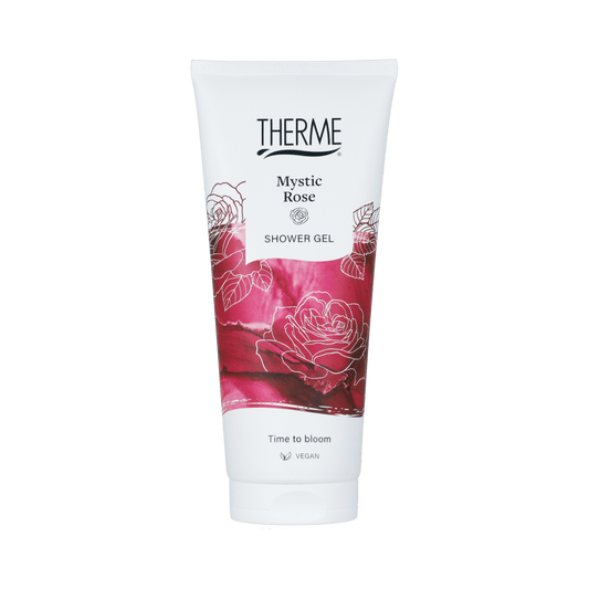 Therme Mystic Rose shower gel in 200ml bottle, featuring a pink rose scent, for luxurious bath and shower skincare.