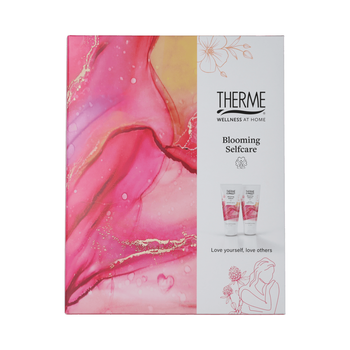 Therme Blooming Selfcare gift set with two body care products in elegant packaging, perfect for relaxing skincare routine.