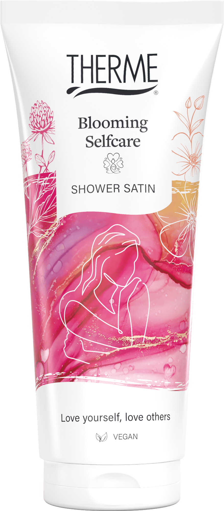 Therme Blooming Selfcare Shower Satin 200ml body care product in a sleek bottle, designed for nourishing and pampering skin.