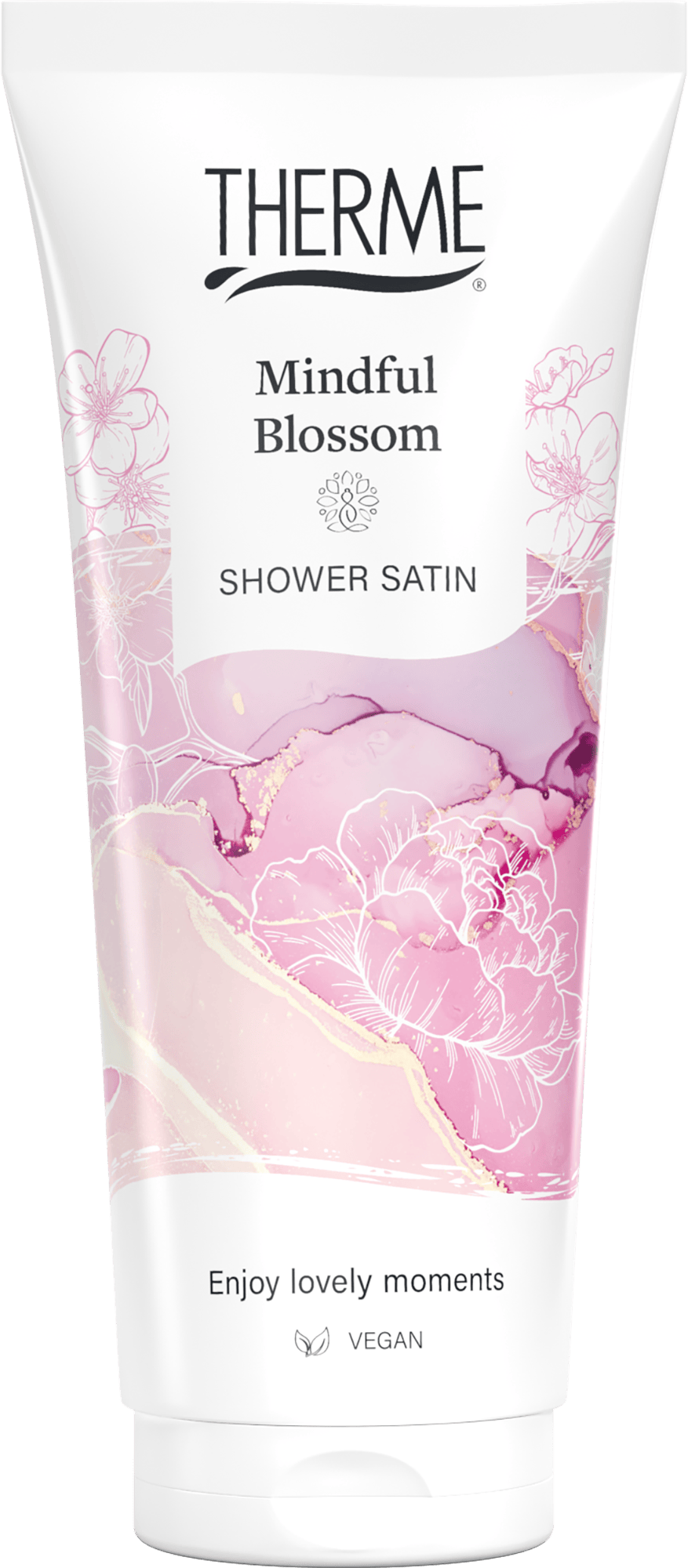 Therme Mindful Blossom Shower Satin 200ml body care product in a sleek bottle, designed for soothing and moisturizing skin.