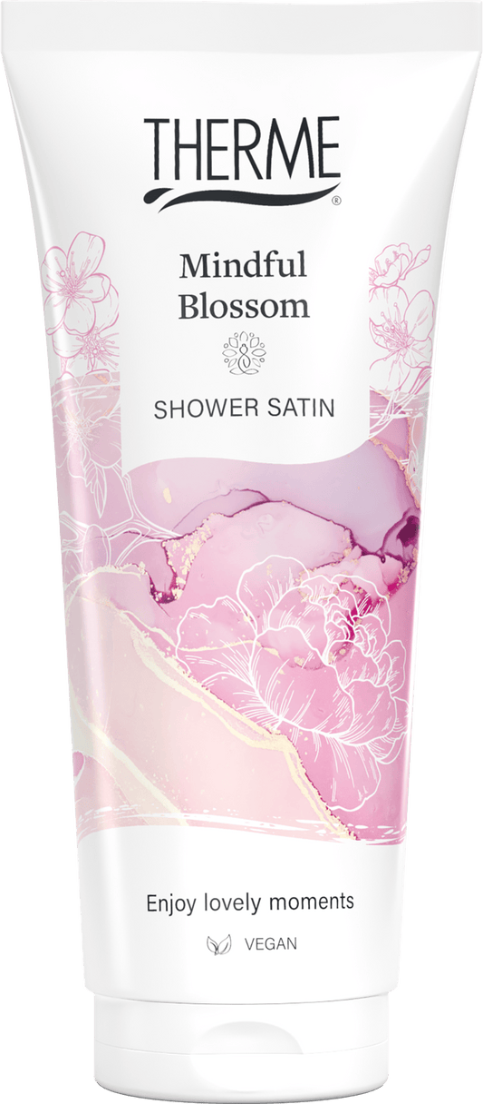 Therme Mindful Blossom Shower Satin 200ml body care product in a sleek bottle, designed for soothing and moisturizing skin.