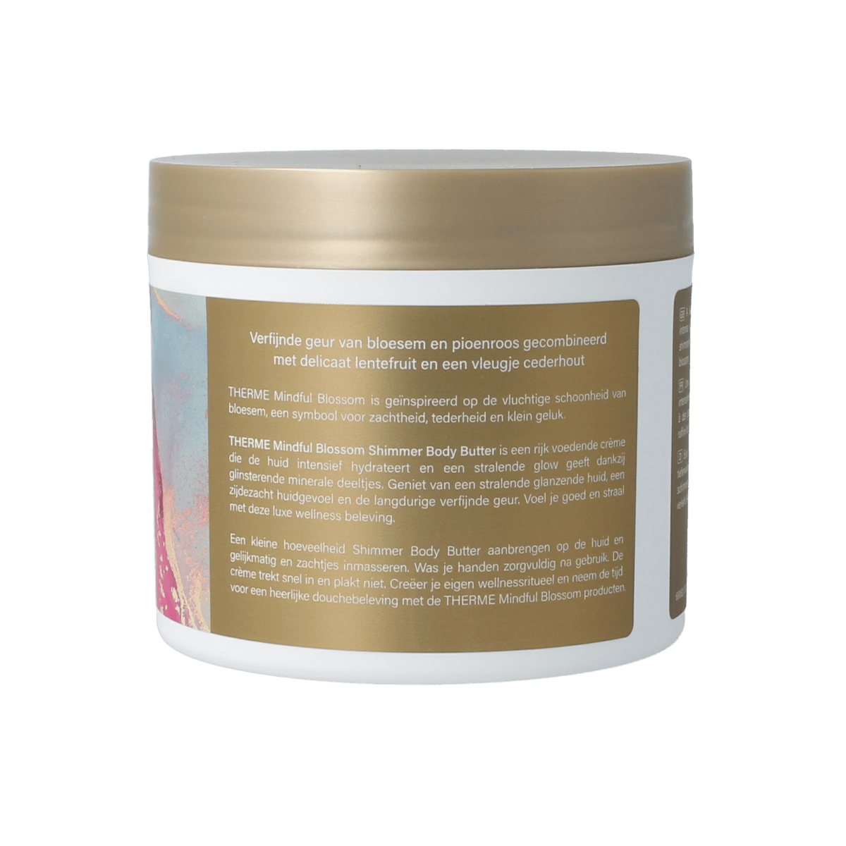 Therme Mindful Blossom shimmer body butter in 225g jar, creamy moisturizer with shimmering finish, for smooth and radiant skin.