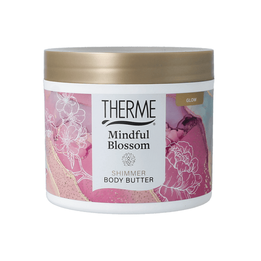 Therme Mindful Blossom Shimmer Body Butter 225g, creamy moisturizer with shimmering finish, ideal for nourishing skin.