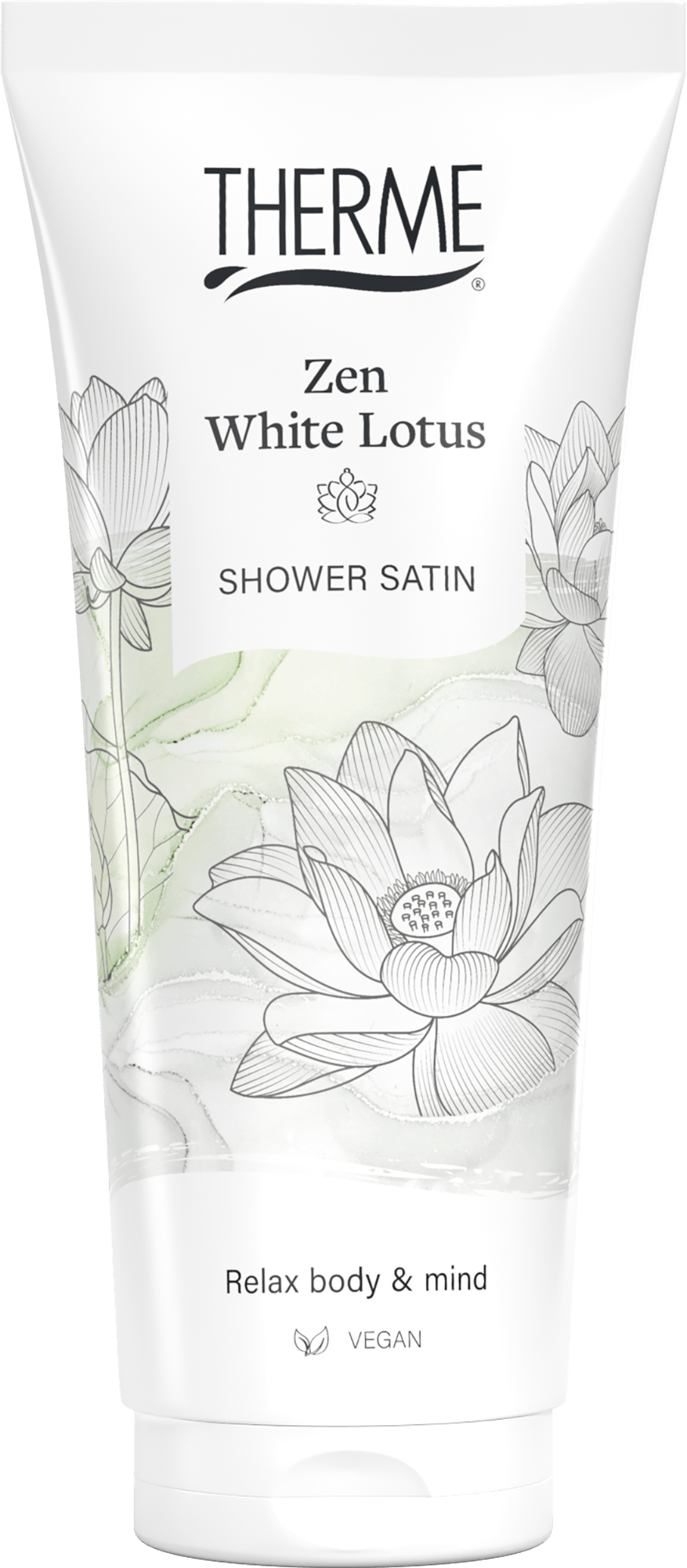 Therme Zen White Lotus Shower Satin 200ml bottle, outer care product with elegant white lotus design, for a luxurious shower experience.