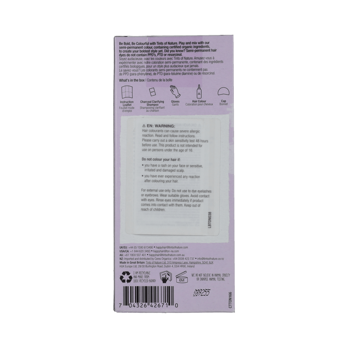 Tints Of Nature Bold Purple 1.00 hair coloring set with purple hair dye, natural brand, shown in open packaging with dye tubes and gloves