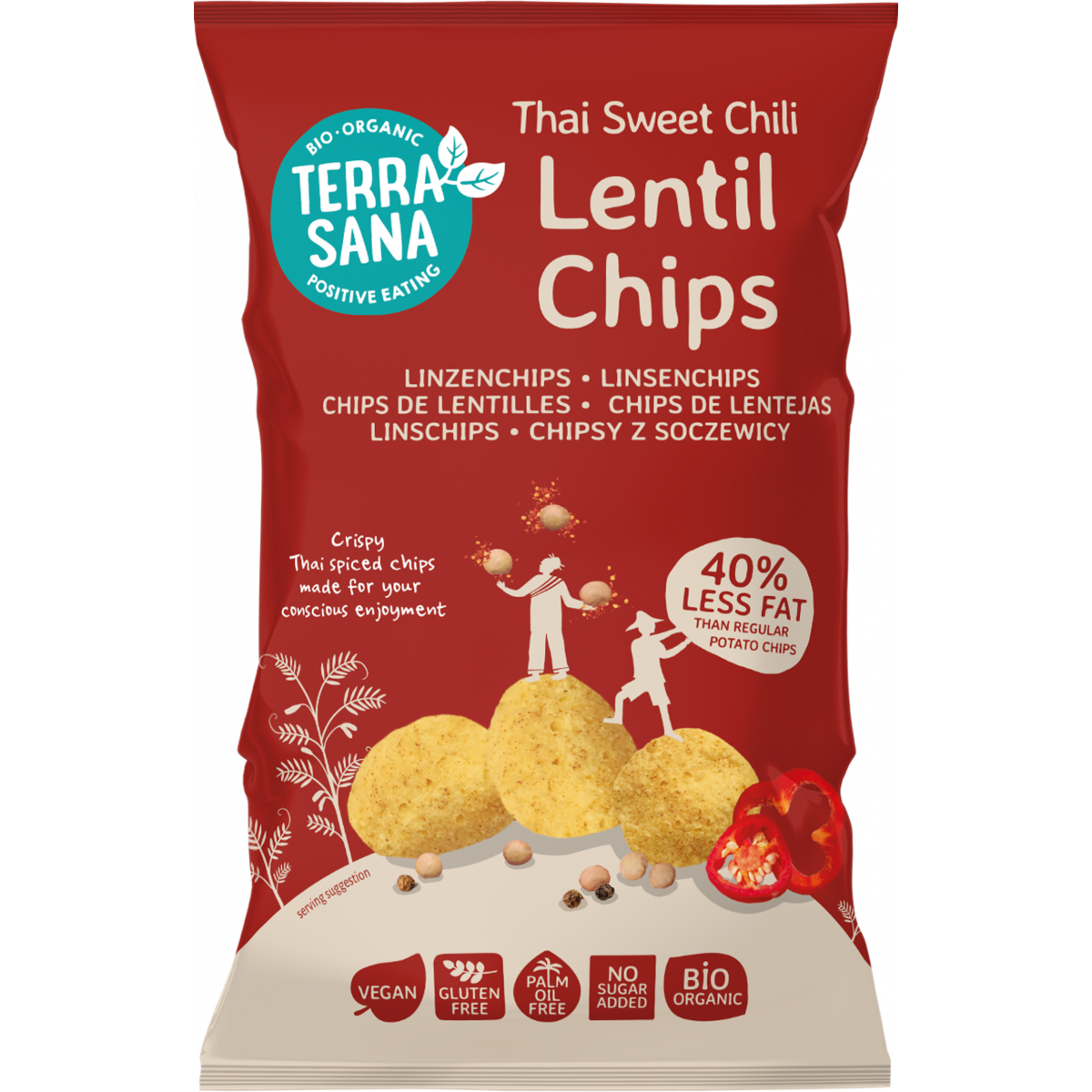 Organic Thai sweet chili Lentil Chips by Topbrands2go in a 80g bag, shown in a colorful, crispy snack image.