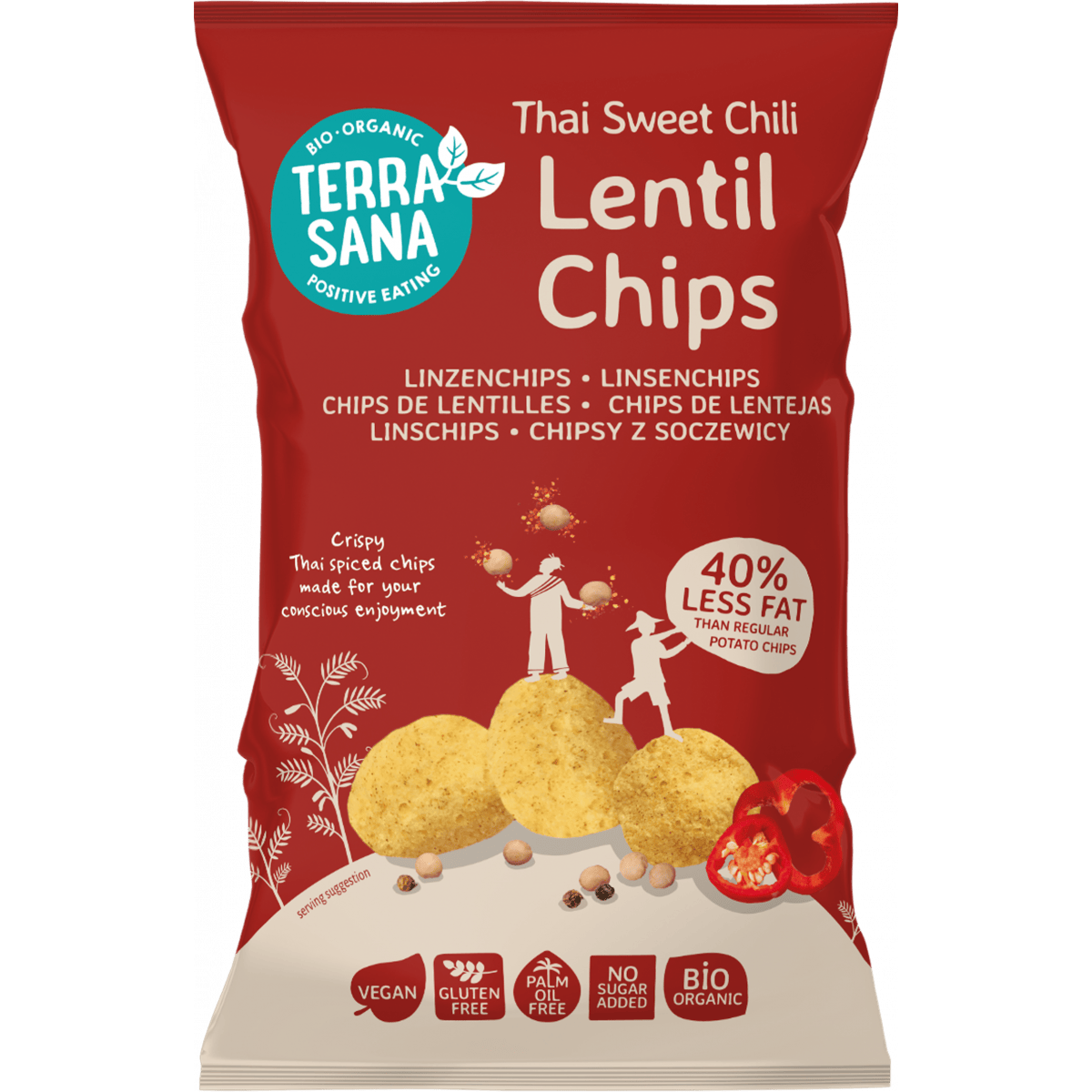 Organic Thai sweet chili lentil chips by Topbrands2go in an 80g package, featuring crispy, seasoned lentil snack with spicy sweet chili flavor.