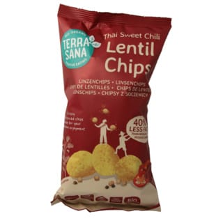 Organic Thai sweet chili flavored lentil chips from Topbrands2go, 80 grams, crispy snack with vibrant chili seasoning.