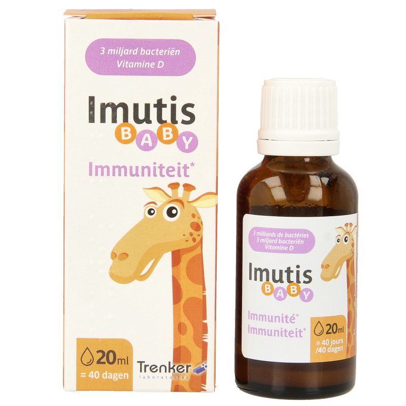 Trenker Imutis Baby micro-organisms in a 20ml bottle, natural probiotic supplement for infants, with a white and blue label.