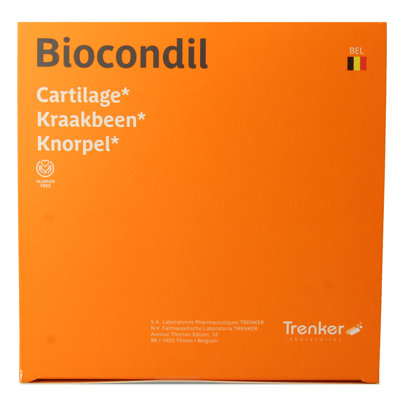 Trenker Biocondil cartilage and kraakbeen mineral supplement in 180 sachets, showing the product packaging and sachets.