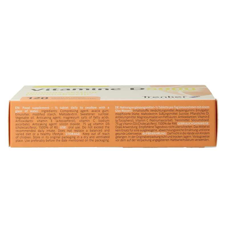 Trenker Vitamin D6000 120-tablet bottle, showing the supplement tablets and label with brand and product details.
