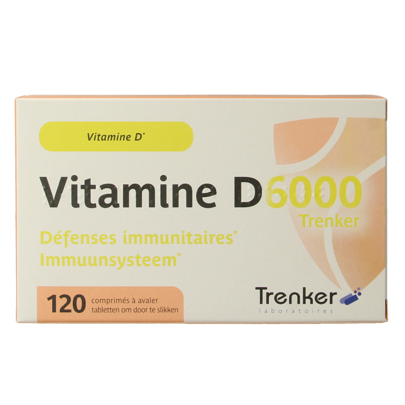 Bottle of Trenker Vitamin D6000 120 tablets for children, with the label showing the Trenker brand and product details.