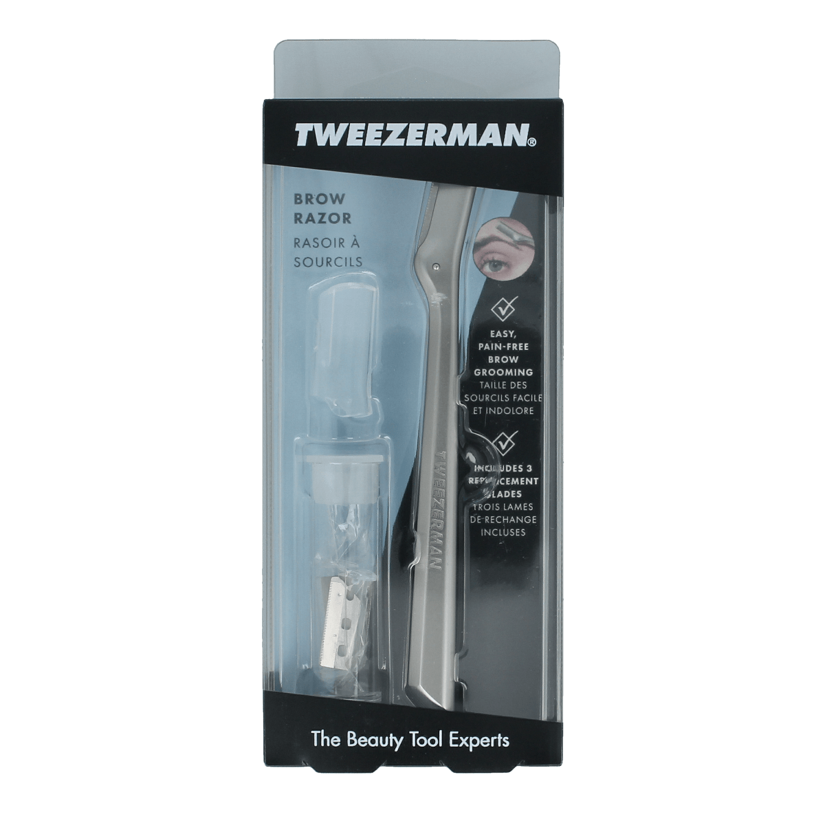 Tweezerman Brow Razor for shaping eyebrows, featuring precision blades, shown in a pack of one.