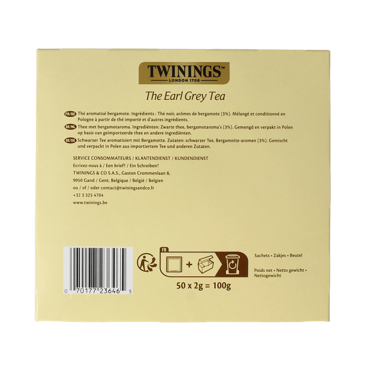 Twinings Earl Grey tea envelopes, 50 count, featuring individually wrapped tea bags with classic Earl Grey flavor.