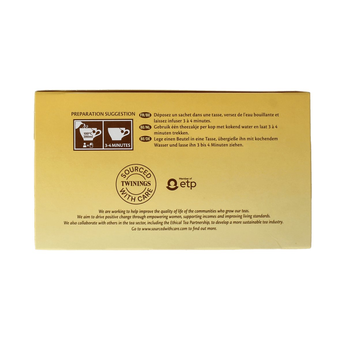 Twinings Earl Grey tea envelopes, box of 50, with individually wrapped tea bags, in a green and white packaging design.