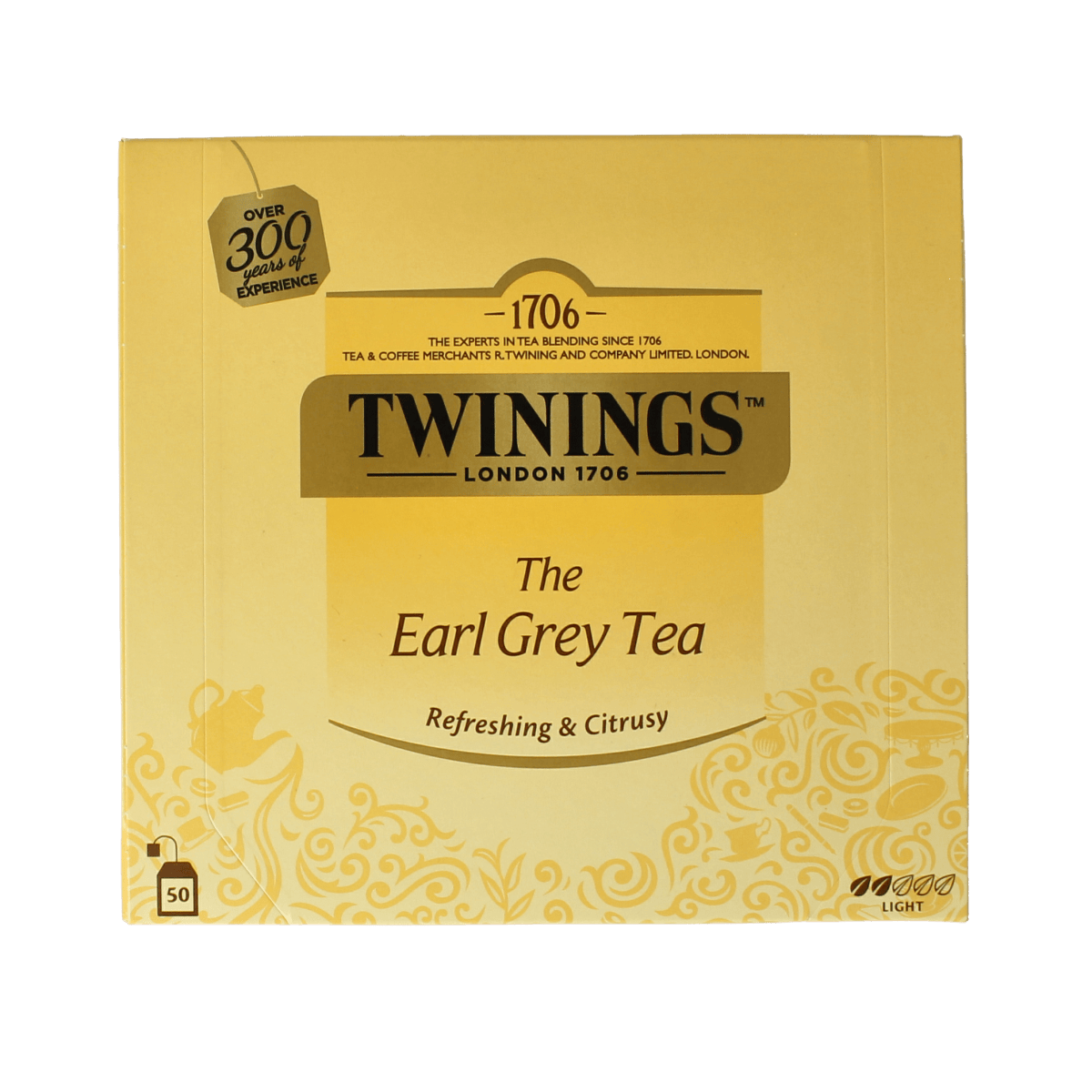 Twinings Earl Grey tea envelopes, 50-pack, showcasing individually wrapped tea bags with classic branding and distinctive aroma.