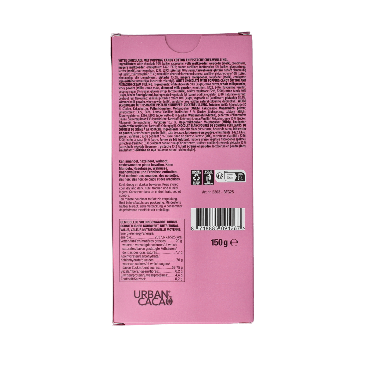 Urban Cacao Pistachio Angelhair chocolate in a 150g package, showcasing the colorful, textured chocolate pieces with pistachio bits.
