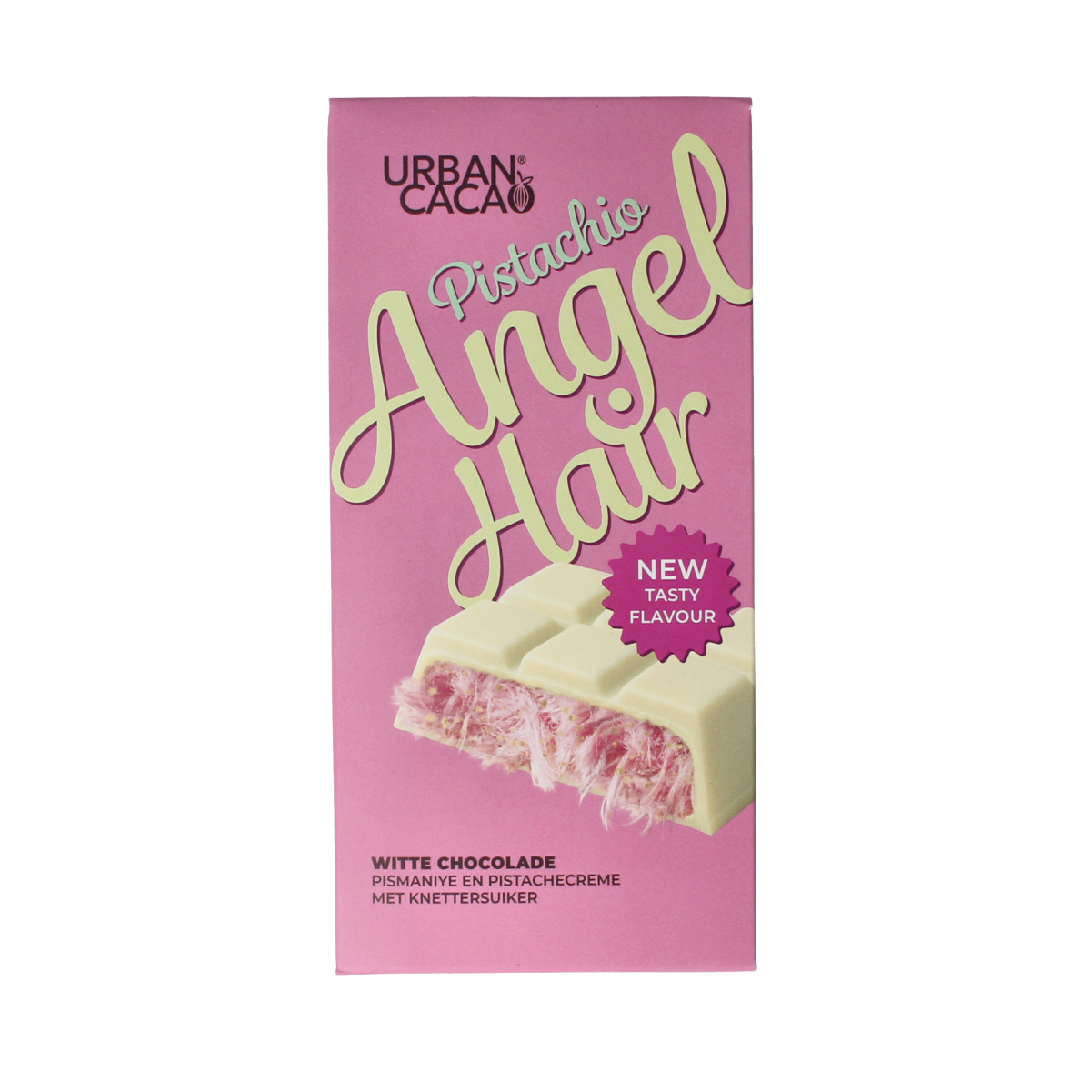 Urban Cacao Pistachio Angelhair Chocolate in 150g package, showing the colorful pistachio-flavored chocolate pieces.