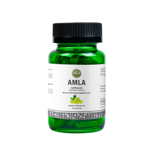 Vanan Amla Capsules bottle containing 60 capsules, herbal supplement from Vanan, with amla fruit extract in a plastic container.