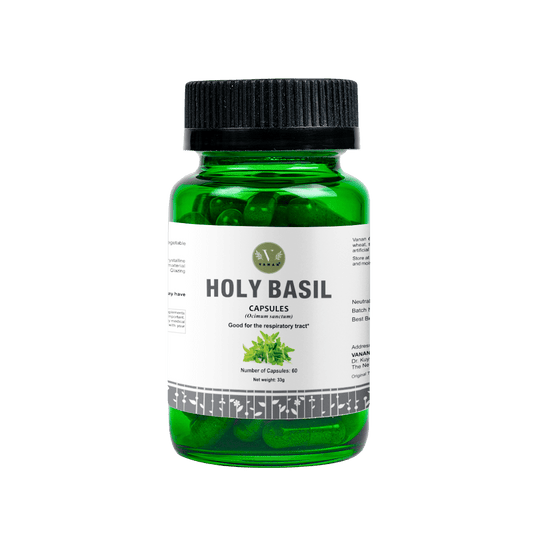 Vanan Holy Basil Capsules 60 count in a clear bottle, herbal supplement for wellness, from Vanan herbal preparations.