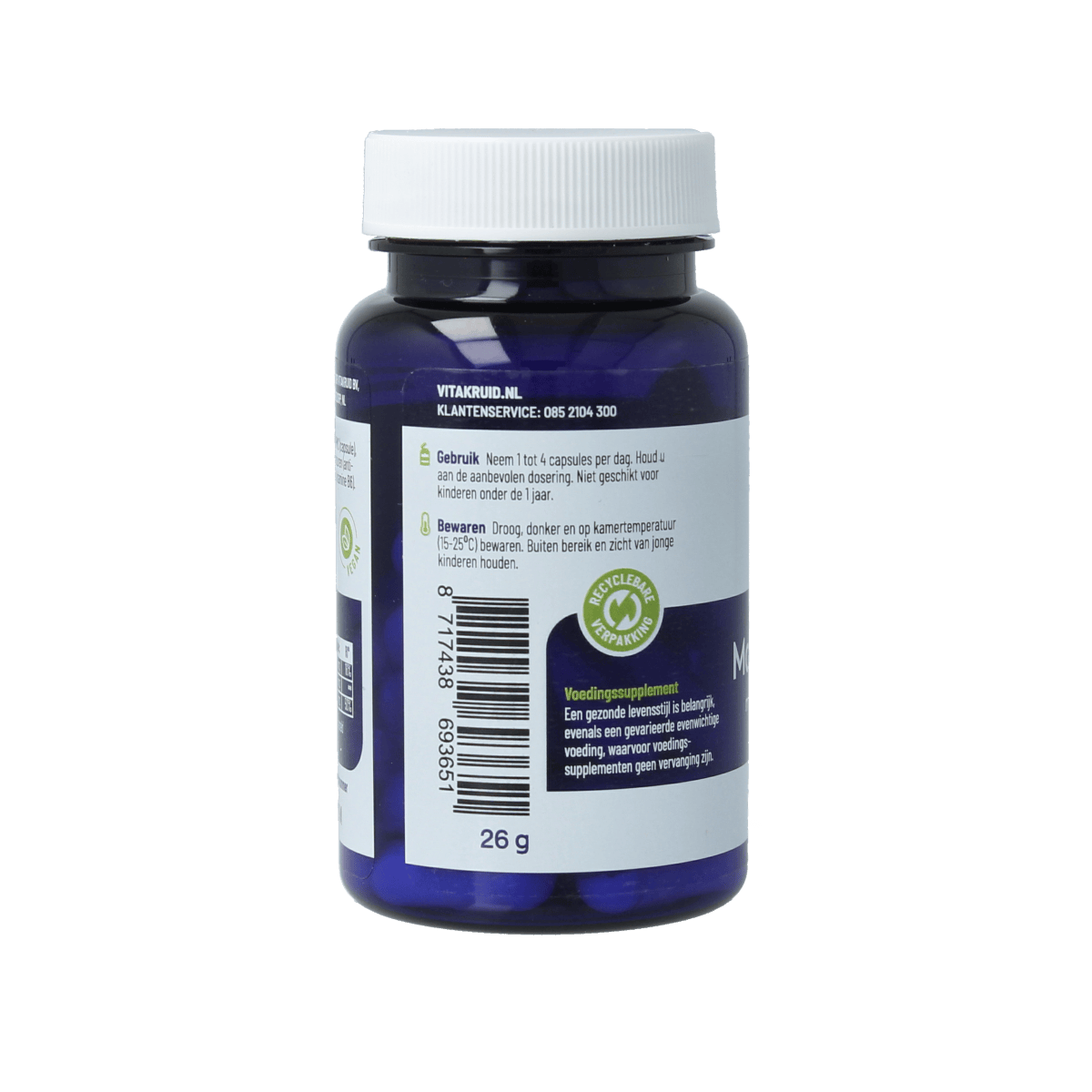 Bottle of Vitakruid Magnesium Tauraat with vitamin B6 vegetarian capsules, showing the product label and capsules inside.