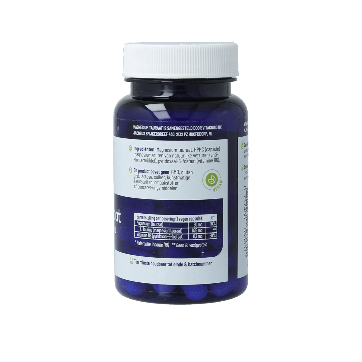 Bottle of Vitakruid Magnesium Tauraat with Vitamin B6 vegetarian capsules, showing the label and capsules inside the container.