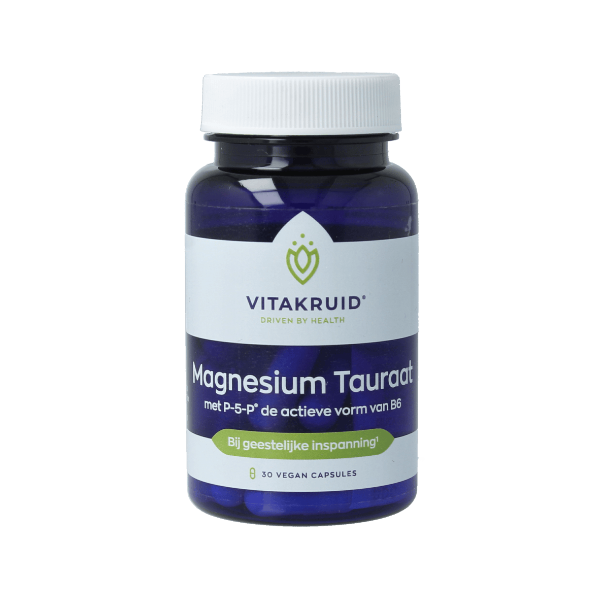 Bottle of Vitakruid Magnesium Tauraat capsules with vitamin B6, vegetarian mineral supplement, white container with label.