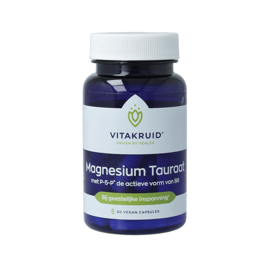 Bottle of Vitakruid Magnesium Tauraat capsules with vitamin B6, vegetarian mineral supplement, white container with label.