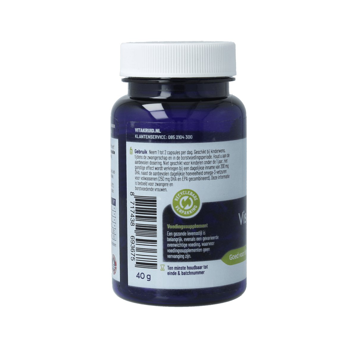 Bottle of Vitakruid Visolie 1800 TG Mama softgel capsules, omega-3 vetzuren supplement for pregnancy health.