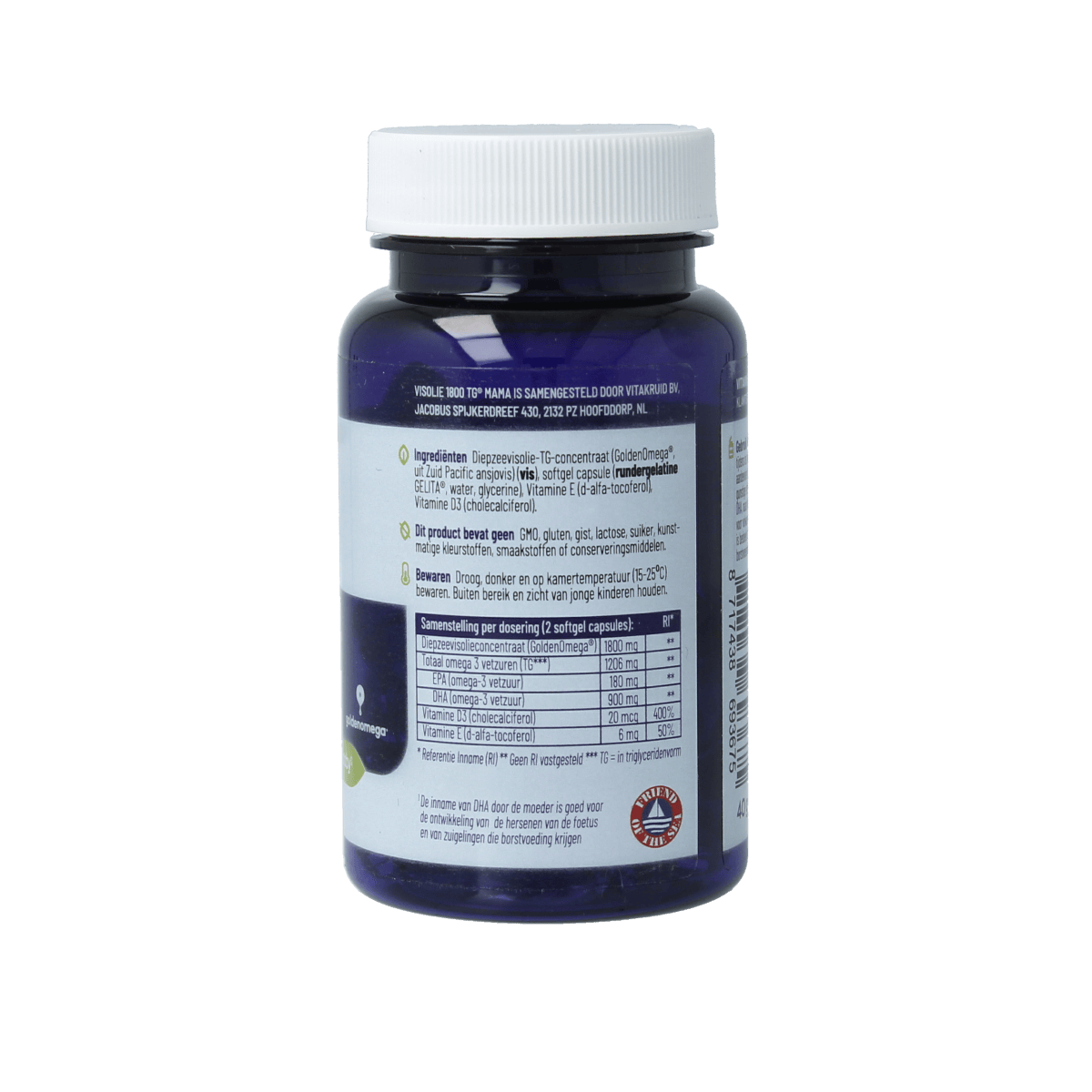 Vitakruid Visolie 1800 TG Mama softgels, dietary omega-3 fatty acids supplement in a bottle of 30 softgels.