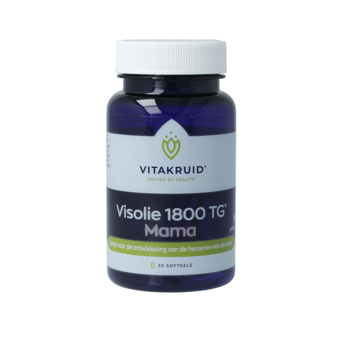 Bottle of Vitakruid Visolie 1800 TG Mama softgels with 30 capsules, showing the softgel capsules and label.