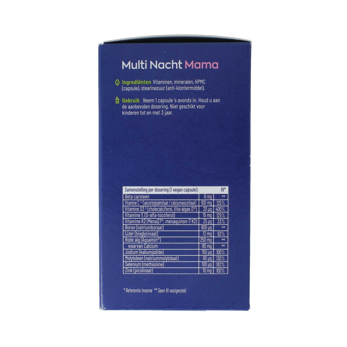 Vitakruid Multi dag & nacht mama capsules, 270-count vitamin supplement for moms, showing the bottle with capsules inside.