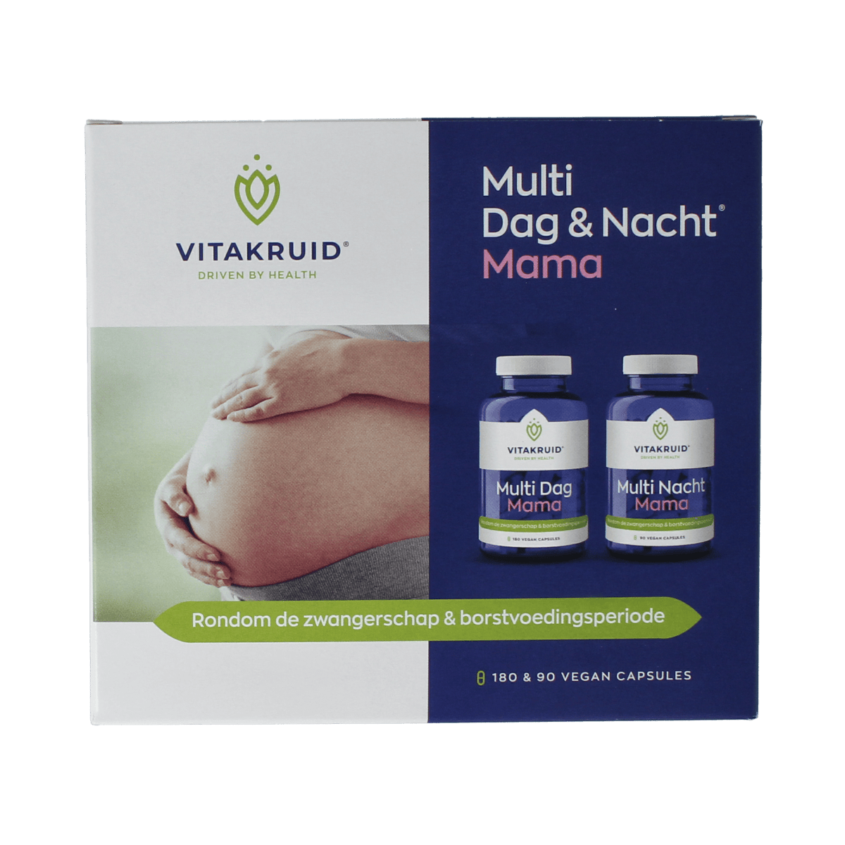 Vitakruid Multi dag & nacht mama capsules, 270-count supplement with daily and nighttime vitamins for moms.