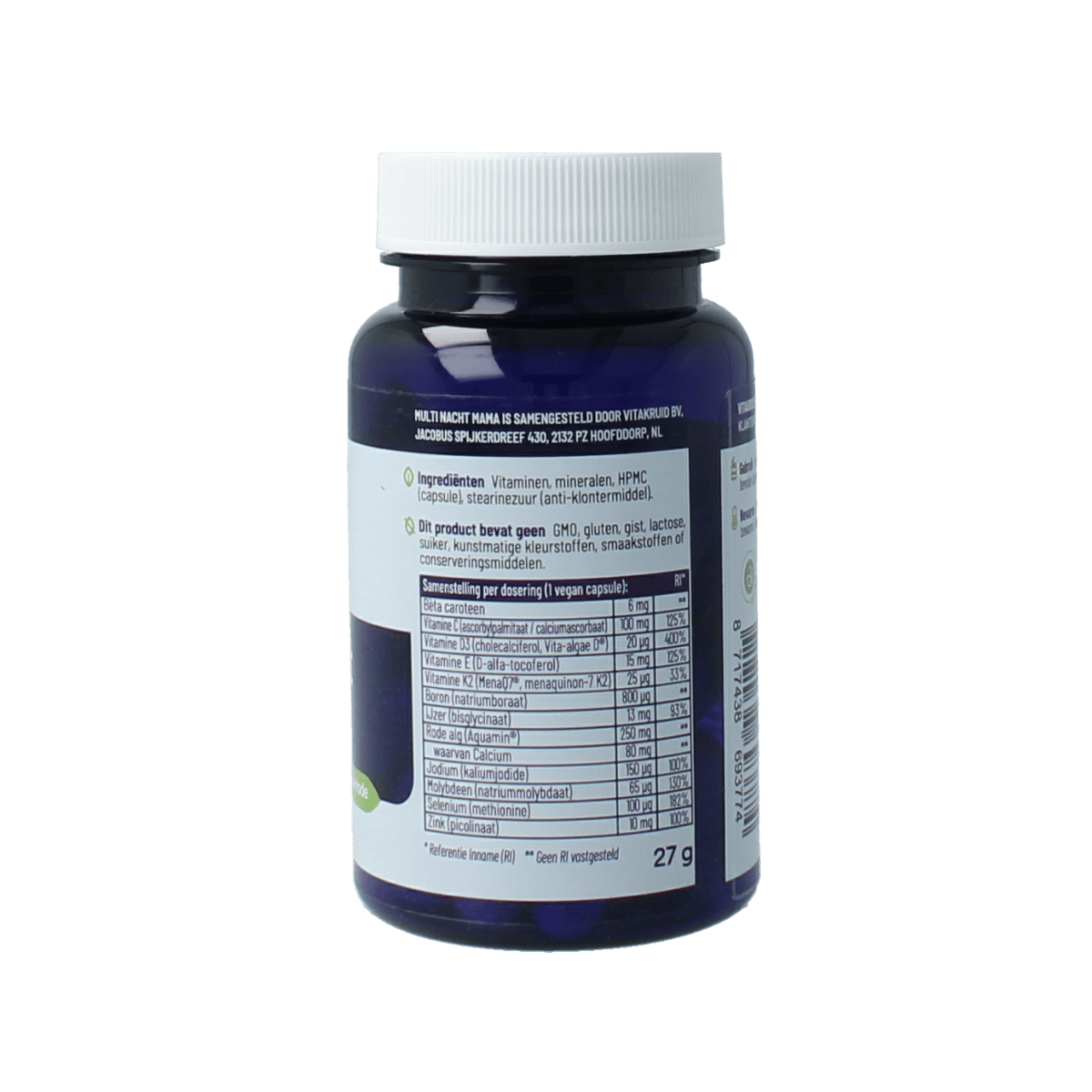 Vitakruid Multi Nacht Mama vegan multivitamine capsules for women in a white bottle, showing the label and capsules inside.