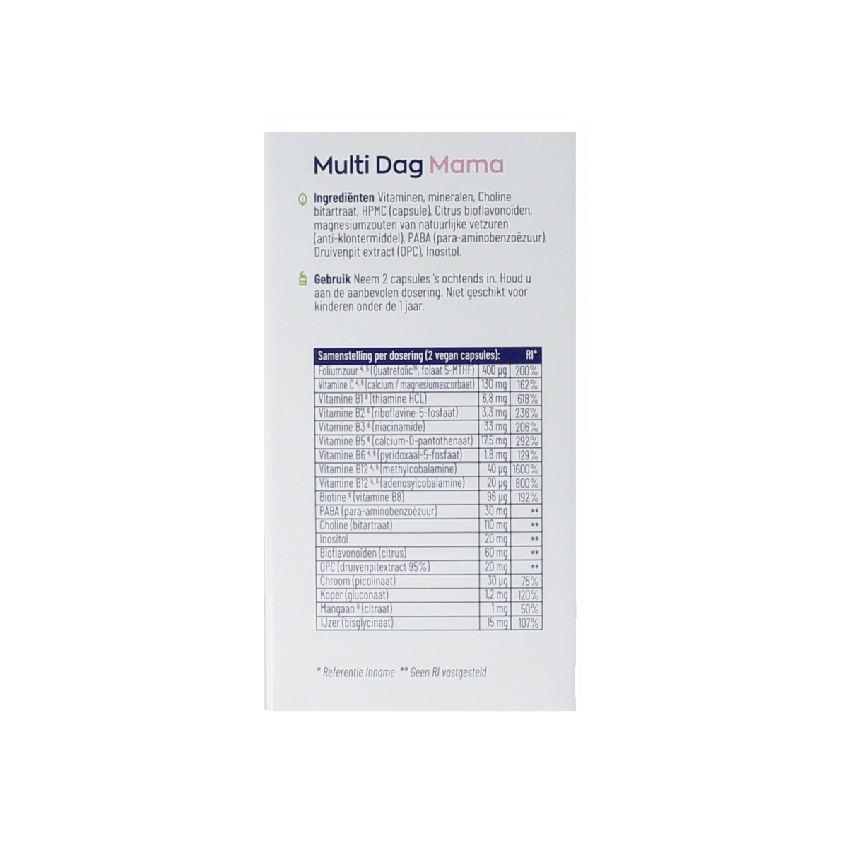 Bottle of Vitakruid Multi dag & nacht mama multivitamin capsules, showing the product label and capsules inside.