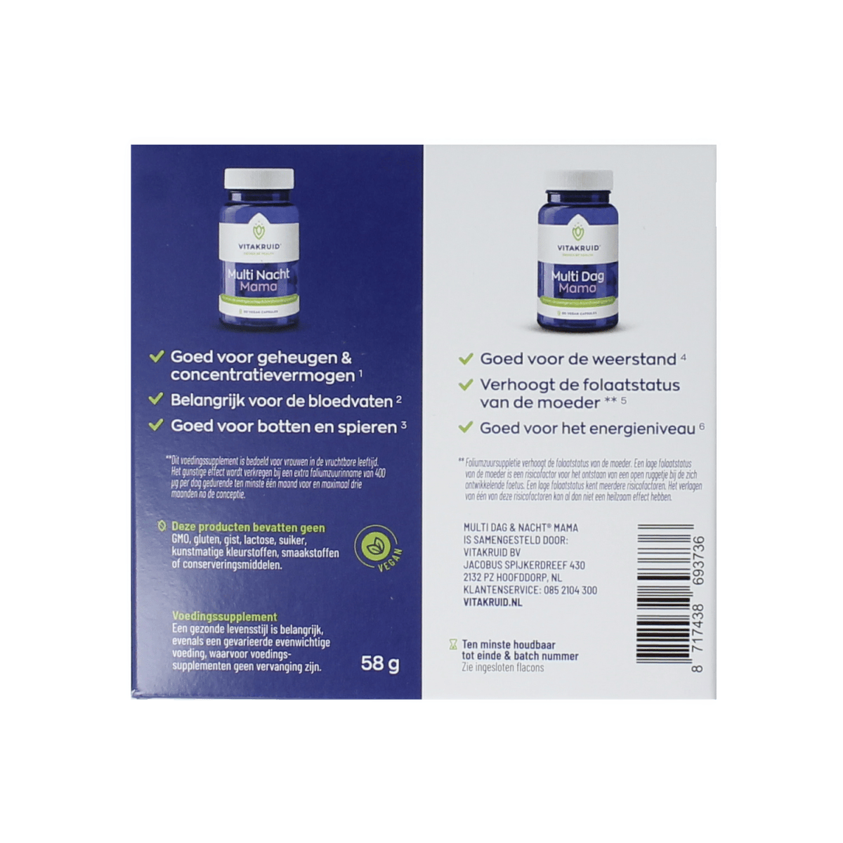 Vitakruid Multi dag & nacht mama supplement with 90 capsules, featuring multivitamins for daily and nighttime nutritional support.