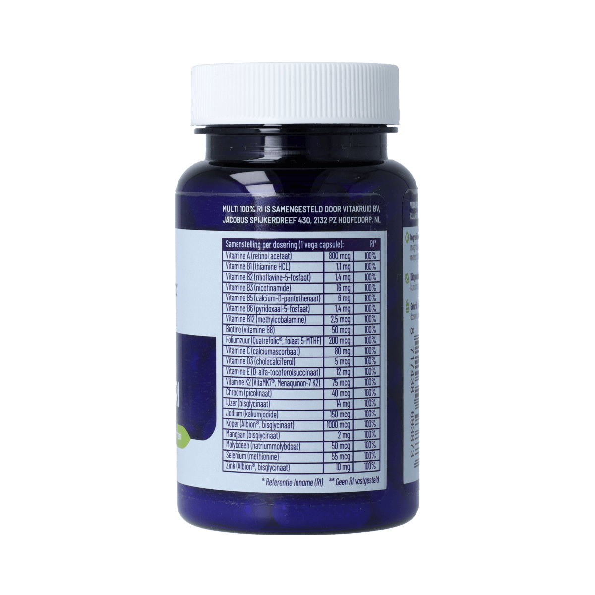 Vitakruid Multi 100% RI vegetarian capsules, multi-vitamin supplement in easy-to-swallow capsule form.