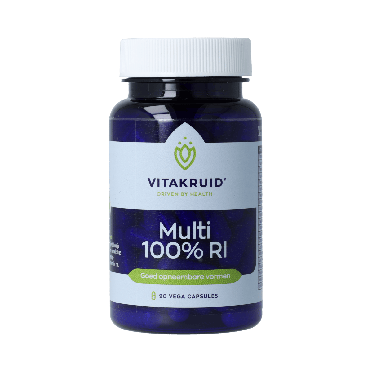 Vitakruid Multi 100% RI vegetarian capsules, multi-vitamine supplement in easy-to-swallow form, shown in a clear image.