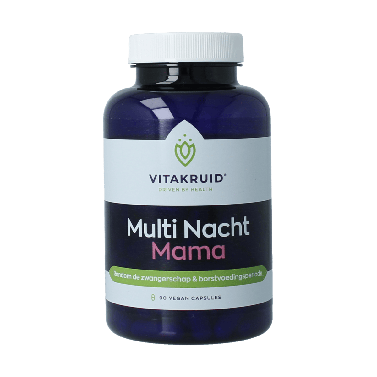 VitaKruid Multi Nacht Mama vegan multivitamine capsules, vegetarian supplement for women, 90 capsules in bottle.