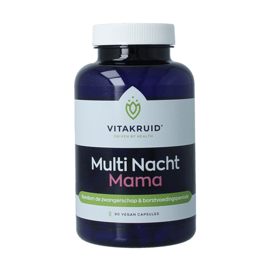VitaKruid Multi Nacht Mama vegan multivitamine capsules, vegetarian supplement for women, 90 capsules in bottle.