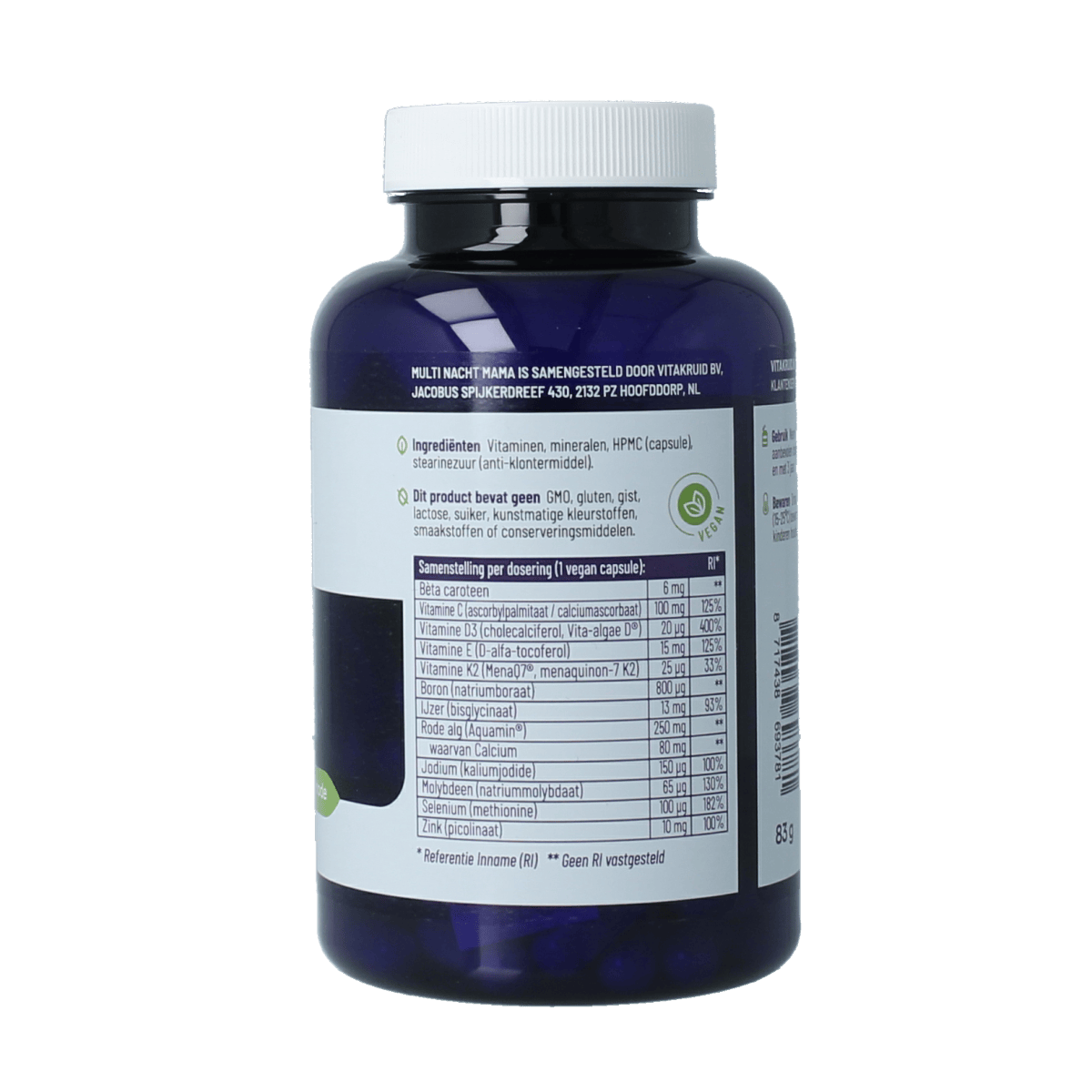 VitaKruid Multi Nacht Mama vegan multivitamine capsules for women, vegetarian supplement in a clear bottle.